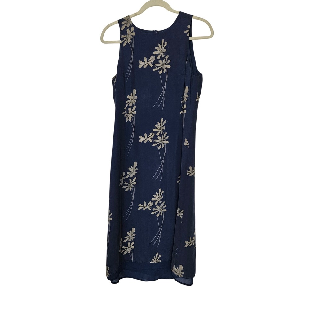 Spenser Jeremy Navy Blue 100% Silk Floral Sleeveless Midi Sheath Dress Size 8